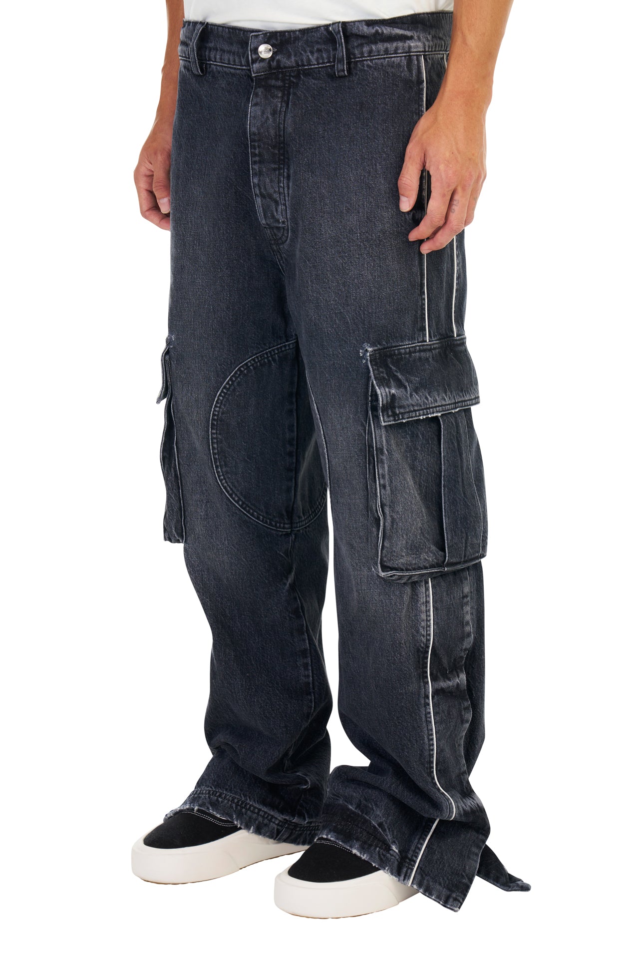 Denim Track Logo Cargos in Black Wash