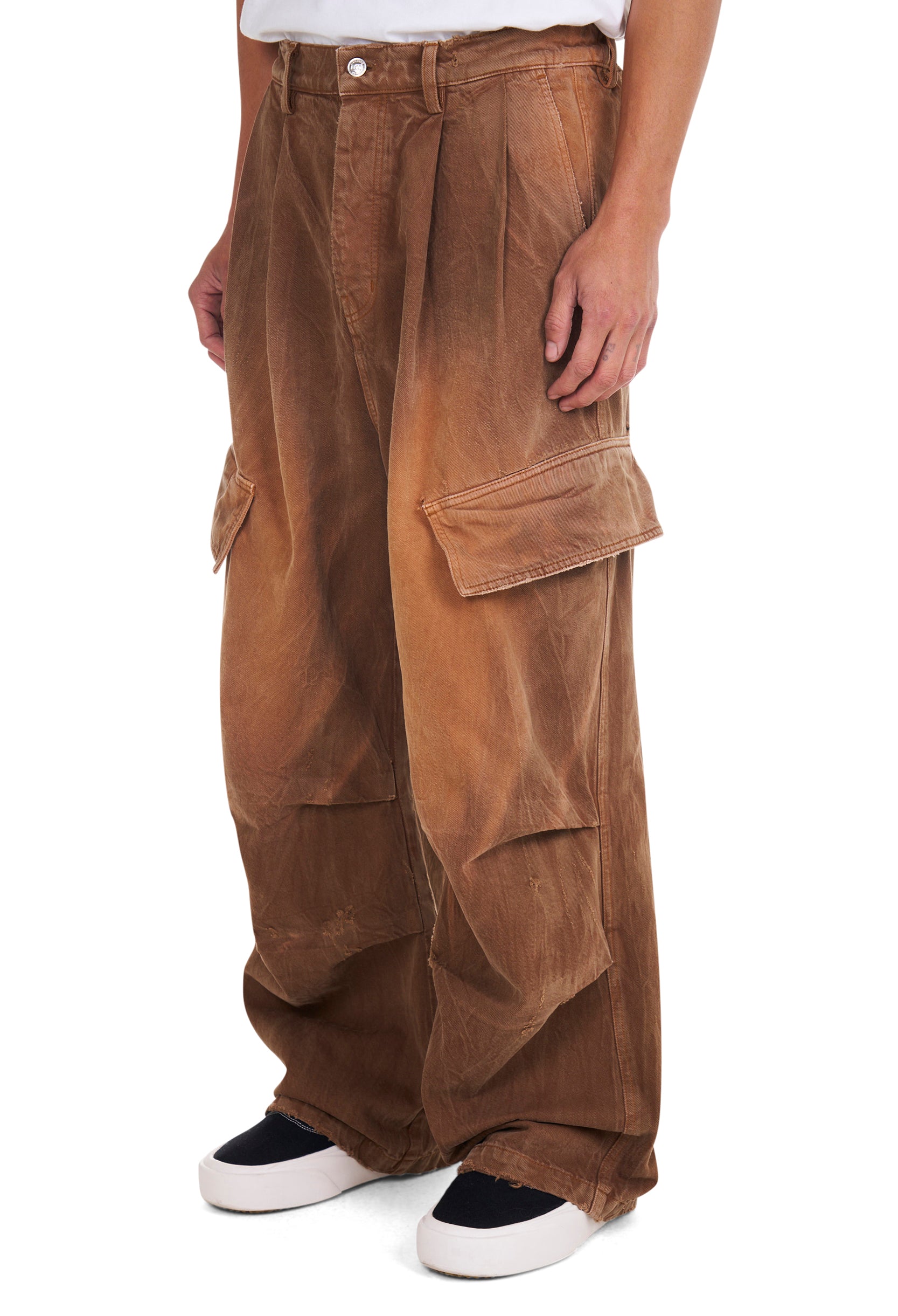Denim Oversized Cargos in Brown Wash
