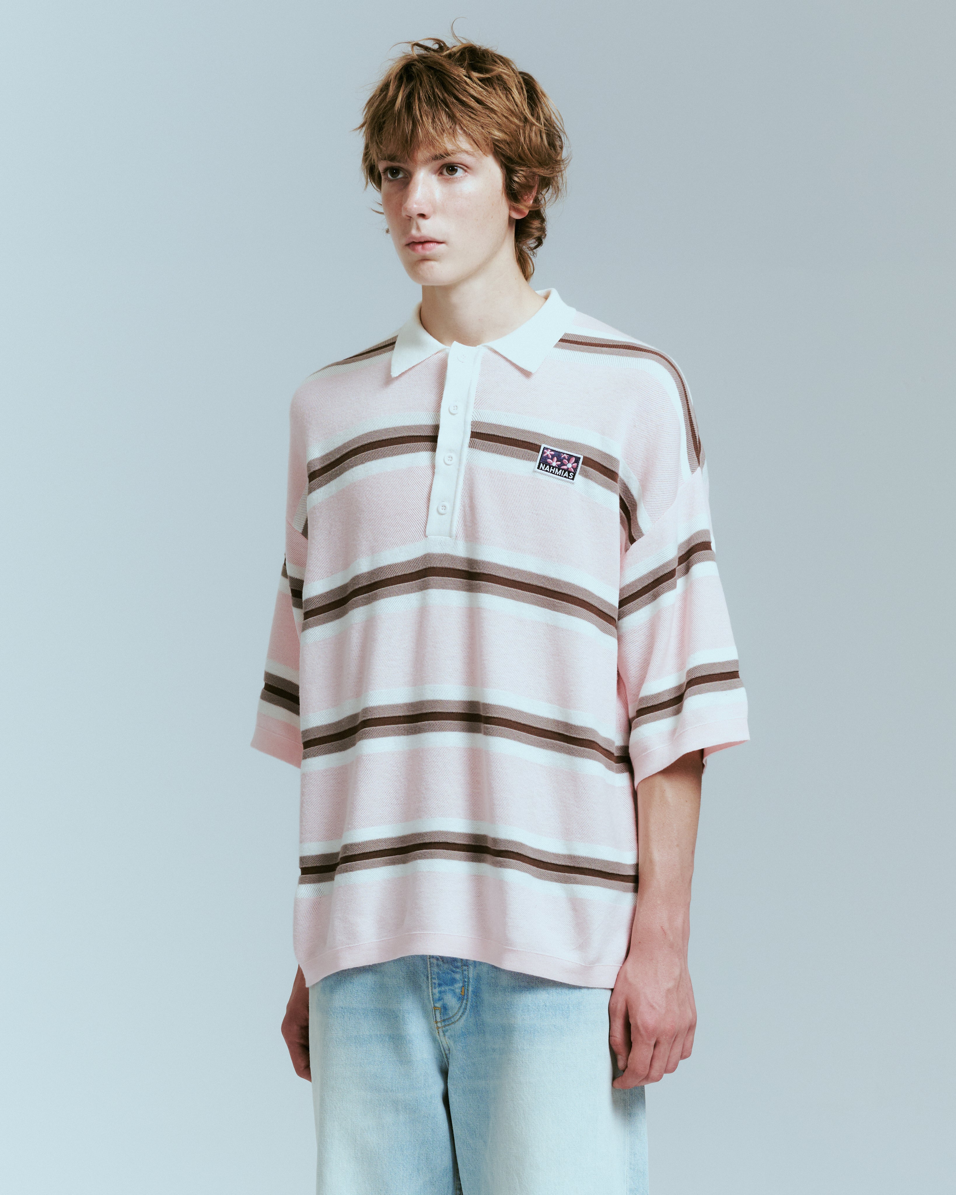 KNIT STRIPED POLO IN PINK – NAHMIAS