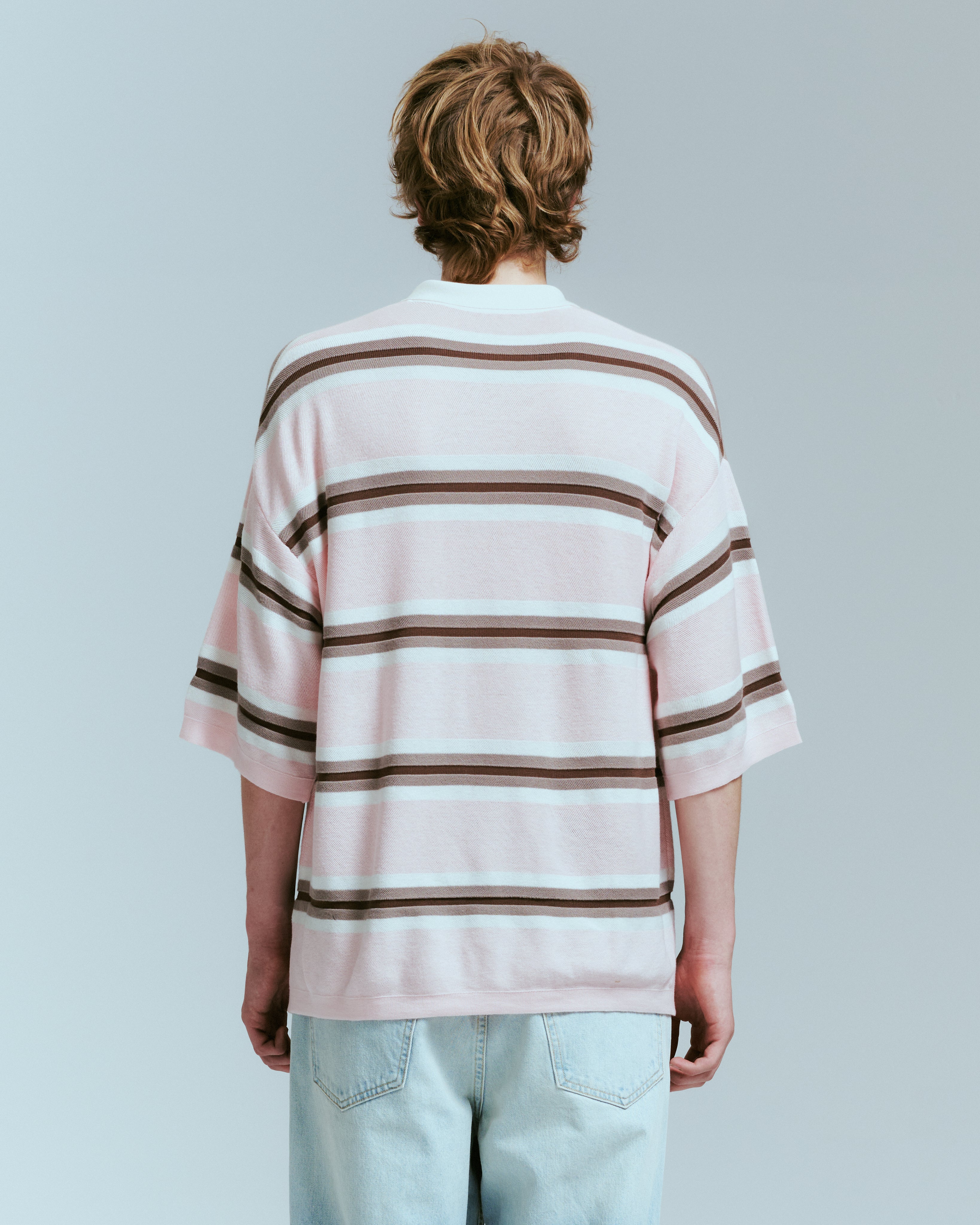 KNIT STRIPED POLO IN PINK – NAHMIAS