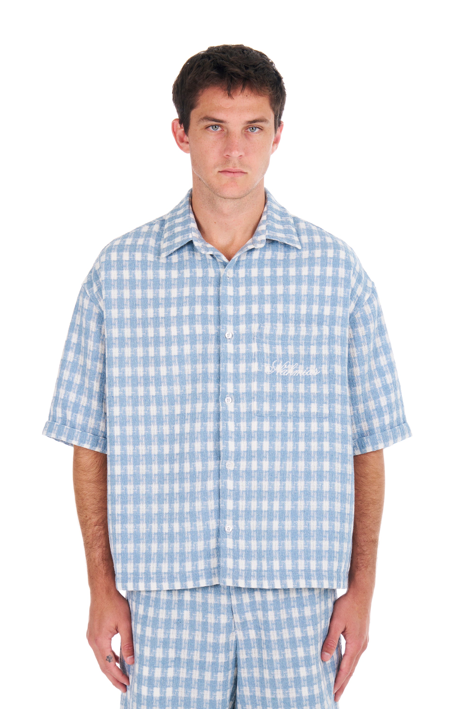 Plaid Cropped S/S Shirt in Steel Blue
