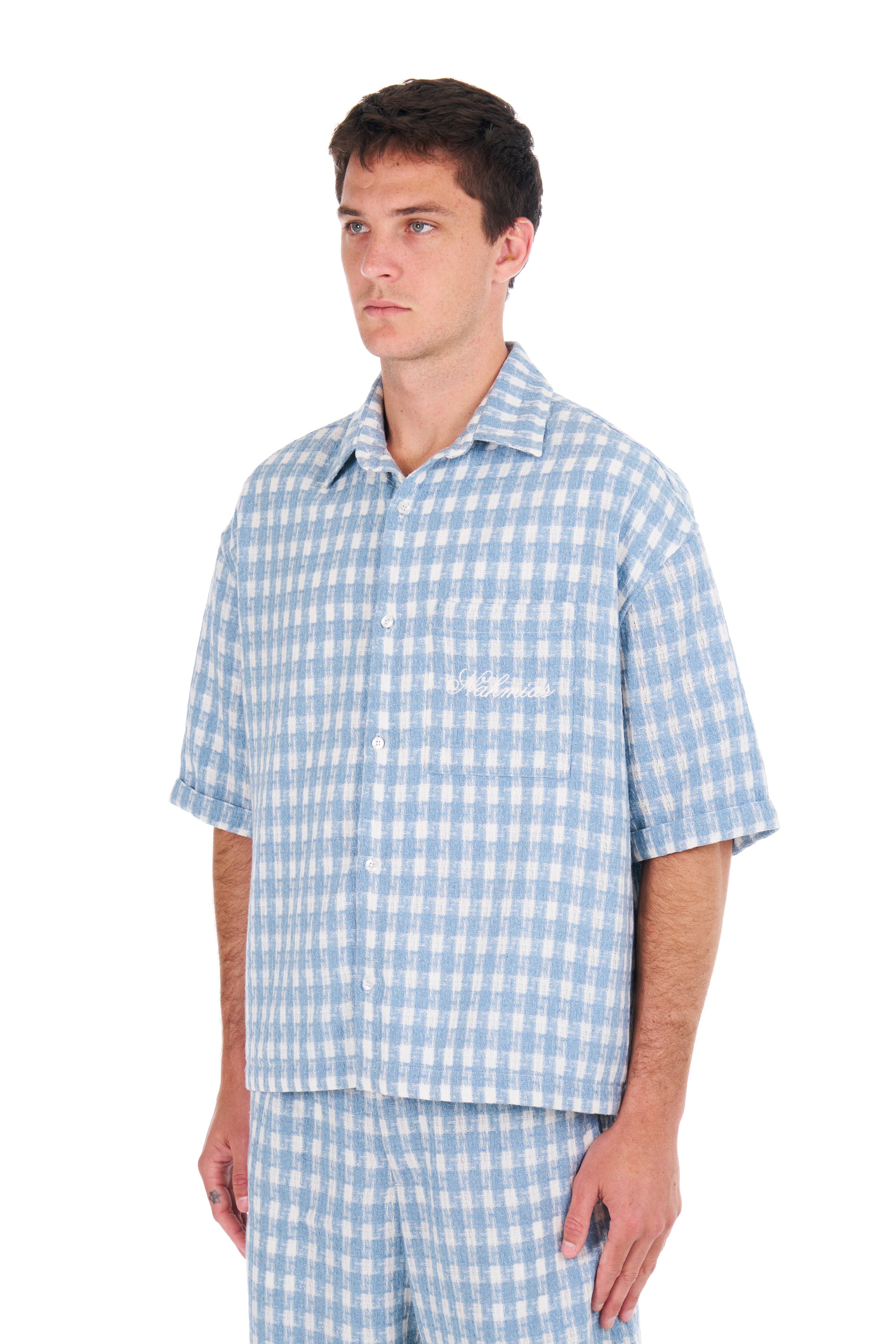 Plaid Cropped S/S Shirt in Steel Blue