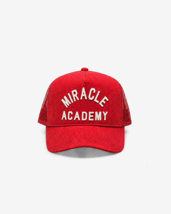 Miracle Academy Corduroy Trucker Hat in Cherry