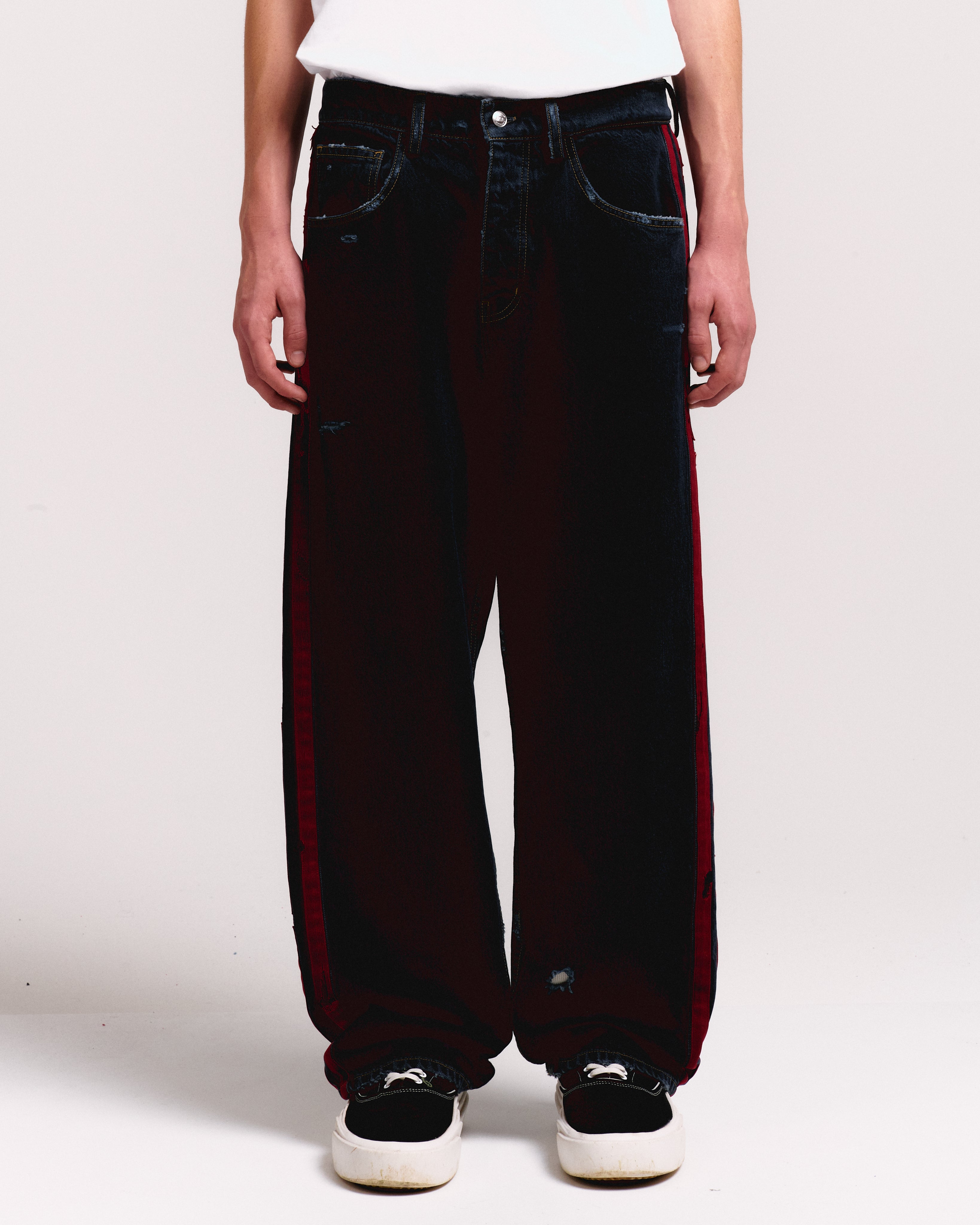DESTROYED DENIM TRACK PANT – NAHMIAS